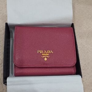 Prada Saffiano Leather Compact Wallet - Wine Red with Gold Logo